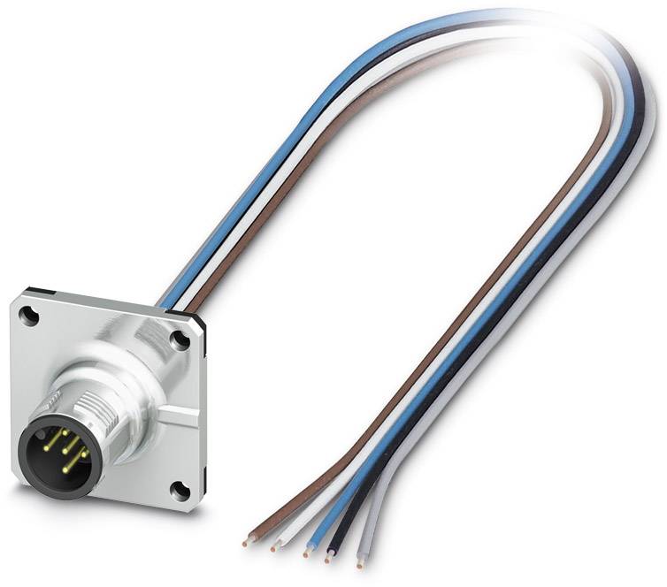 Un connettore elettrico argentato con quattro cavi colorati (marrone, blu, nero, grigio) che si estendono verso destra.