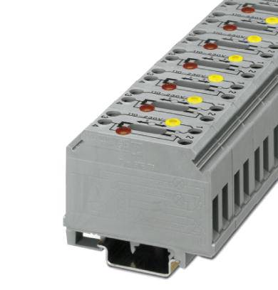 Blocco morsetti elettrico grigio con più connessioni e spie LED rosse e gialle.