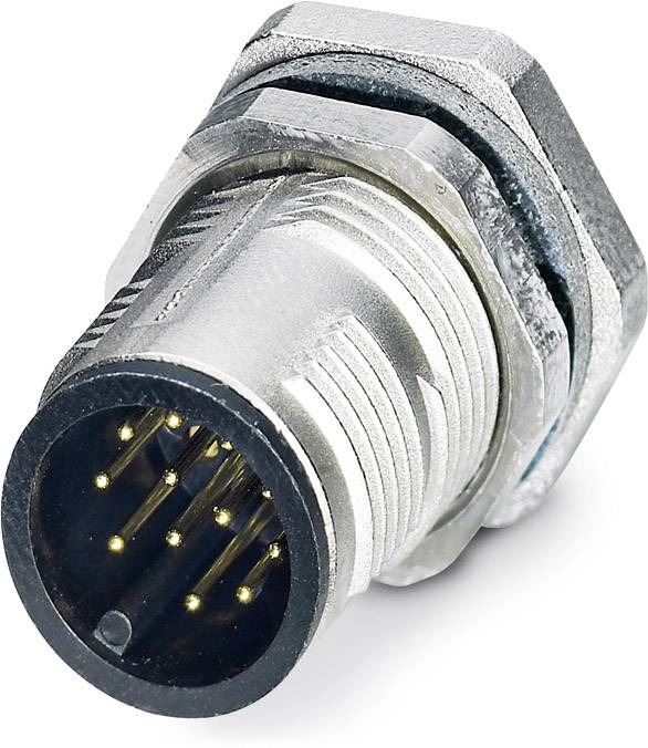 Connettore metallico cilindrico con più pin di contatto dorati, utilizzato per connessioni elettriche.
