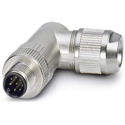 Un connettore argentato con angolazione, dotato di più pin, idoneo per connessioni elettriche in applicazioni tecniche.