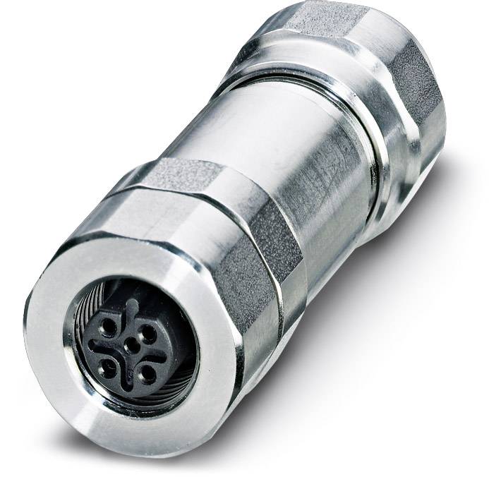 Connettore metallico con attacco circolare e più punti di contatto simmetricamente disposti.