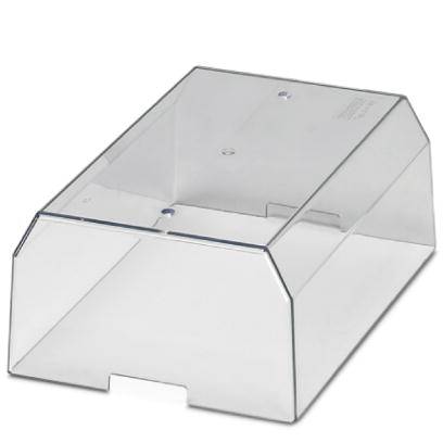 Coperchio rettangolare trasparente in plastica con design smussato, adatto a coprire contenitori o vassoi.