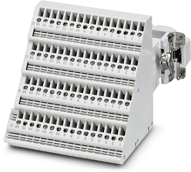 Blocco morsetti elettrico bianco con più connessioni a vite, numerato da 1 a 16, disposto su quattro file.