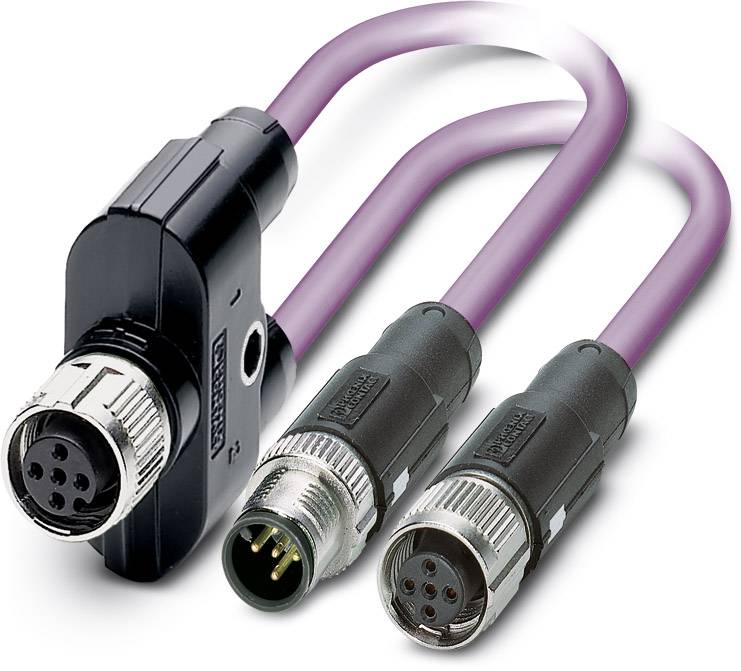 Distributore a forma di 'Y': un raccordo, due spine, cavi di connessione industriali per applicazioni di automazione.