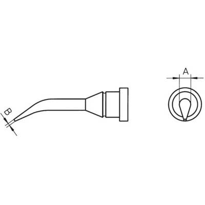 Disegno tecnico di un utensile simile a un saldatore con punta ad angolo. Vista laterale e vista dall'alto, compresi i dimensioni A e B.