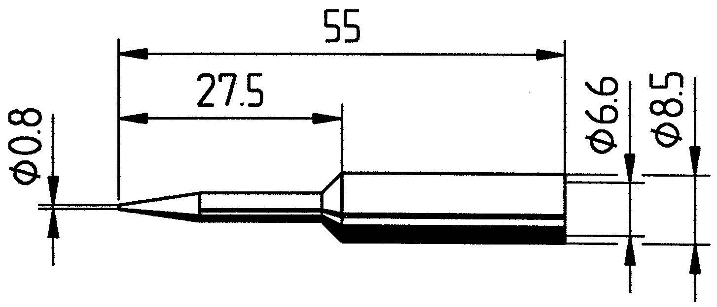 Disegno tecnico di una punta per saldatura, misure: lunghezza 55 mm, punta di 0,8 mm di diametro, impugnatura con diametro tra 6,6 mm e 8,5 mm.