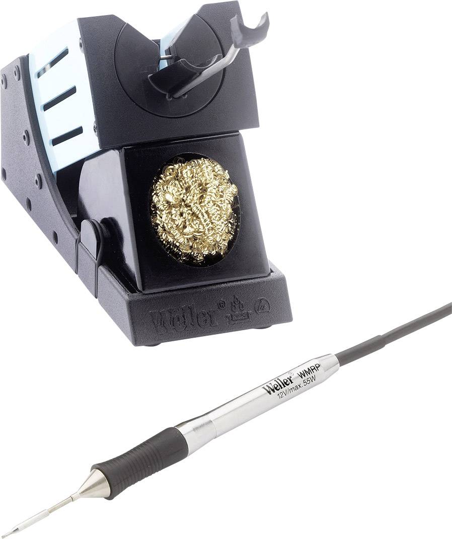 Un saldatore con un supporto per saldatore e una stazione di pulizia con lana di ottone. Principalmente utilizzato per lavori di saldatura.