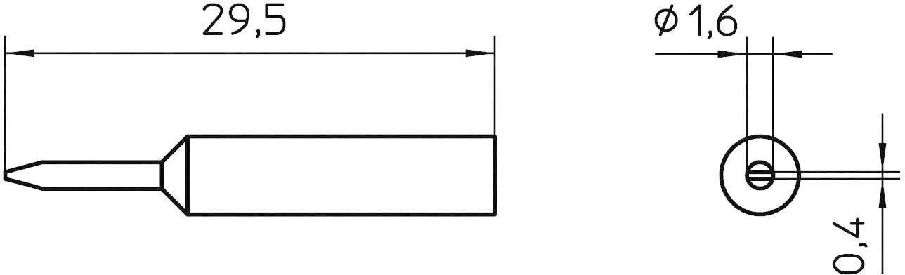 Disegno tecnico di un perno metallico con indicazioni di lunghezza: lunghezza totale 29,5 mm, diametro 1,6 mm, punta 0,4 mm.