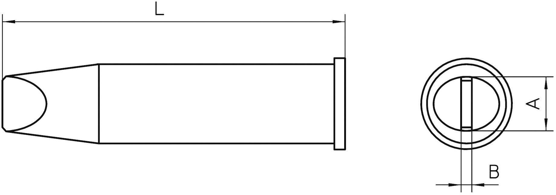 Disegno tecnico di un cilindro con dimensioni: lunghezza (L), diametro (A) e larghezza (B) in alto, vista in sezione a destra.