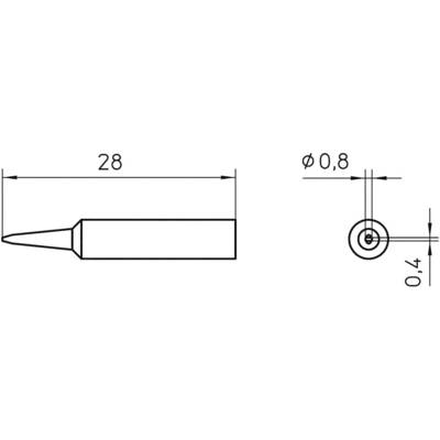 Disegno tecnico di un design di punta per saldatura. Misure: lunghezza 28 mm, diametro 0,8 mm, larghezza 0,4 mm.