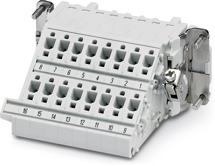 Un connettore elettrico bianco con contatti numerati da 1 a 16, montato su un supporto metallico.