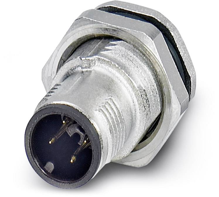 Un connettore cilindrico metallico con più contatti, utilizzato in applicazioni industriali per connessioni elettriche.