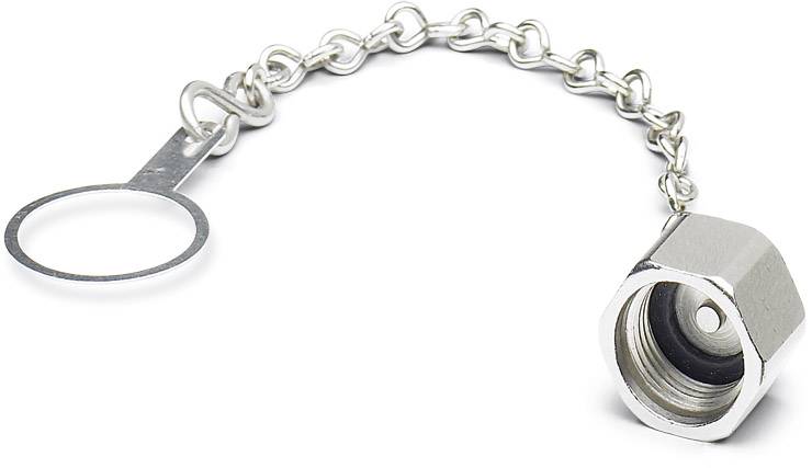 'Un cappuccio metallico con catena utilizzato per proteggere un componente di connessione.'