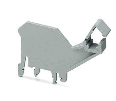 Pezzo grigio in plastica con un taglio rettangolare nella parte superiore, probabilmente parte di un sistema di assemblaggio o bloccaggio industriale.