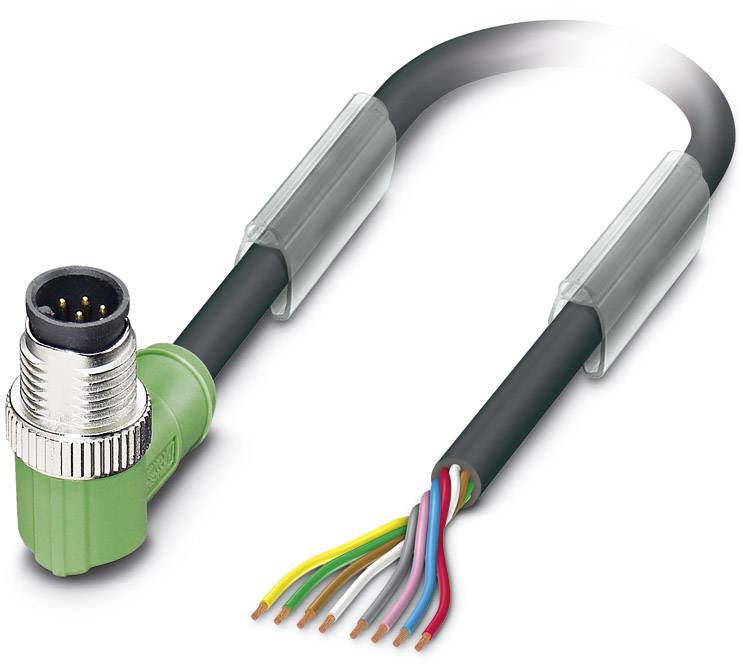 Un cavo multicolore con un connettore angolare verde a sinistra e fili di rame esposti a destra su sfondo bianco.