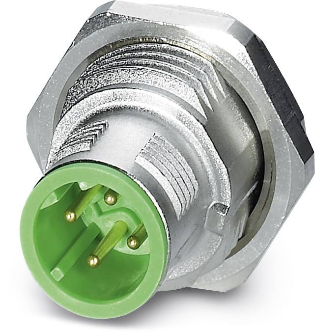 Spinotto metallico con inserto circolare in plastica verde e tre piedini di contatto dorati.