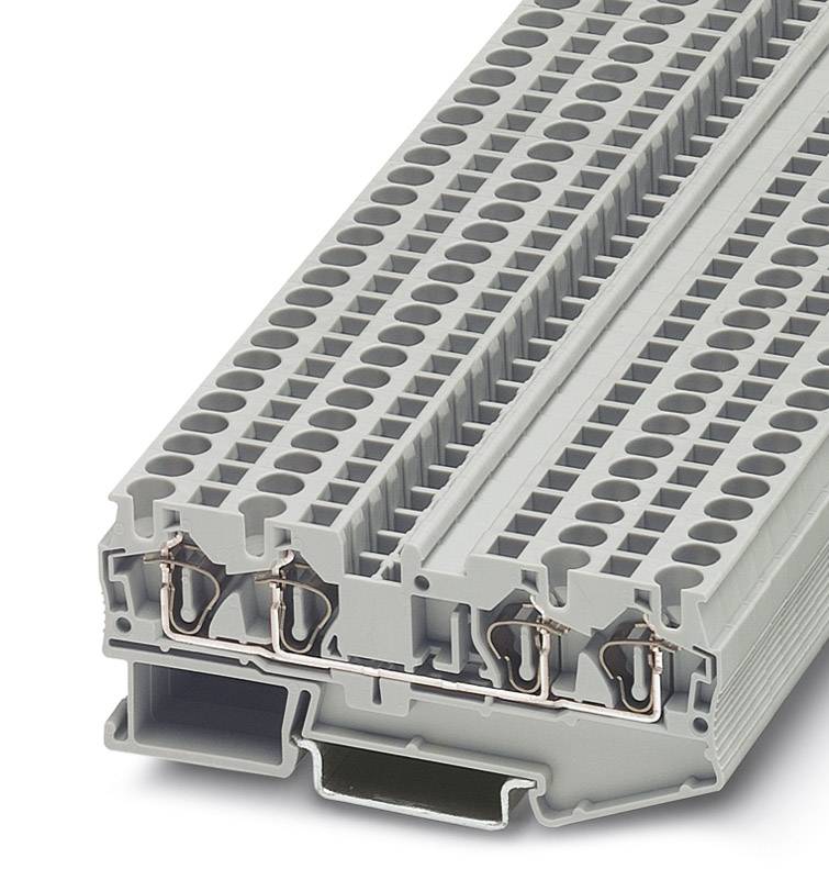 Modulo morsettiera grigio, multipolare, con più connessioni, idoneo per il montaggio su guida DIN in impianti elettrici.