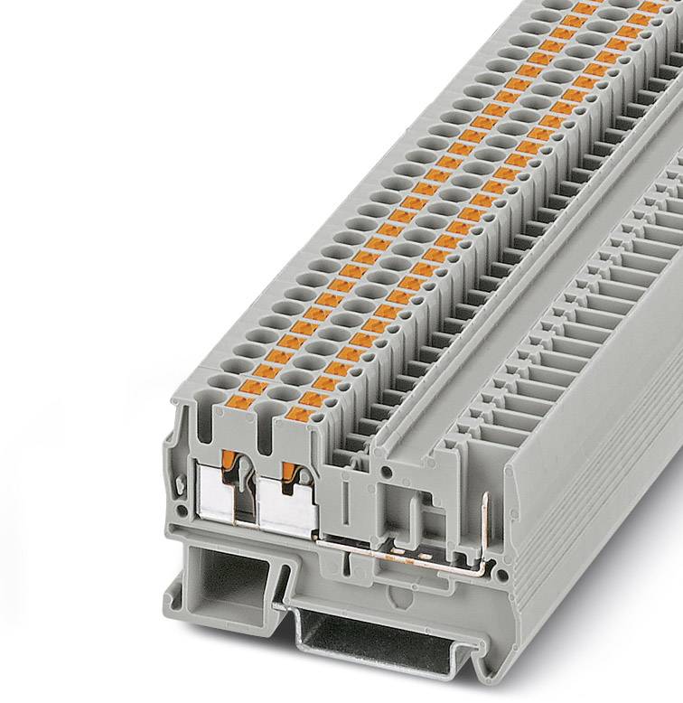 Morsettiera multipolare grigia con leve arancioni, utilizzata per connessioni elettriche nei quadri elettrici.