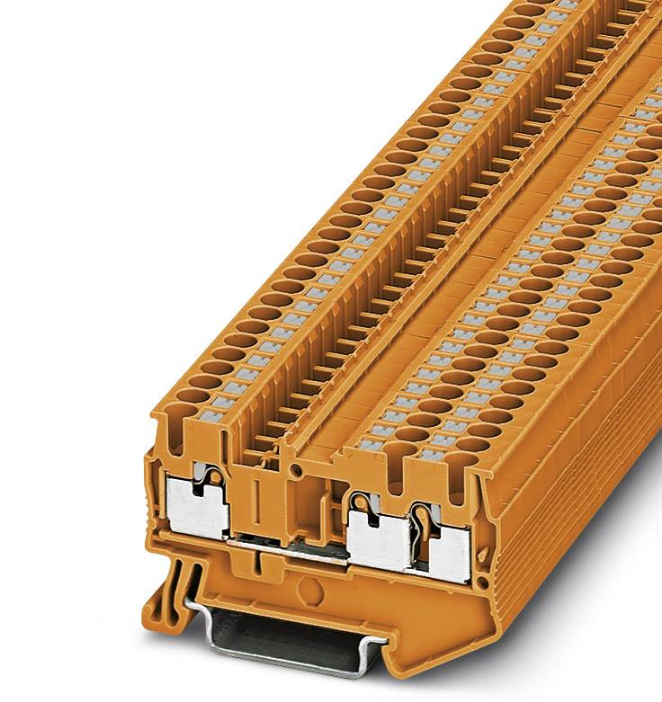 Blocco morsetti a più punti di connessione di colore arancione, montato su una guida metallica. Adatto per impianti elettrici industriali.
