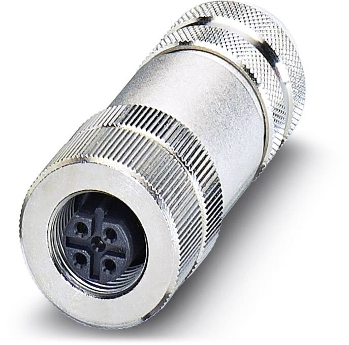 Un connettore cilindrico argentato a quattro poli su sfondo bianco. Principalmente utilizzato per connessioni elettriche.