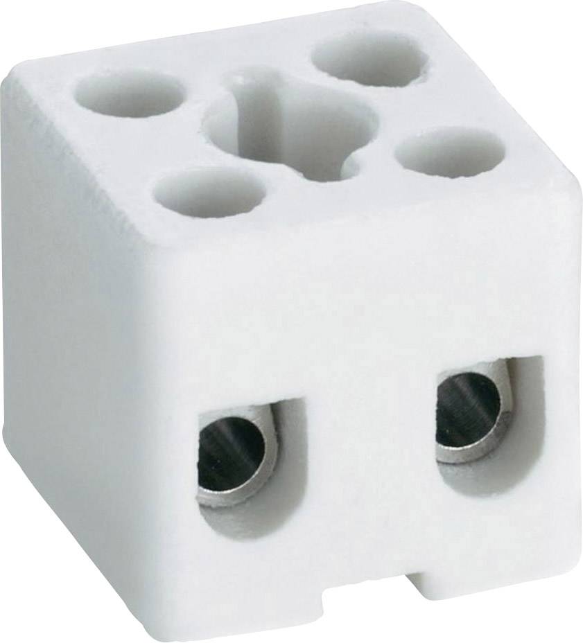 Un blocco ceramico bianco con sei aperture rotonde in alto e due connettori metallici rotondi sul lato frontale, probabilmente un blocco di connessione elettrico.