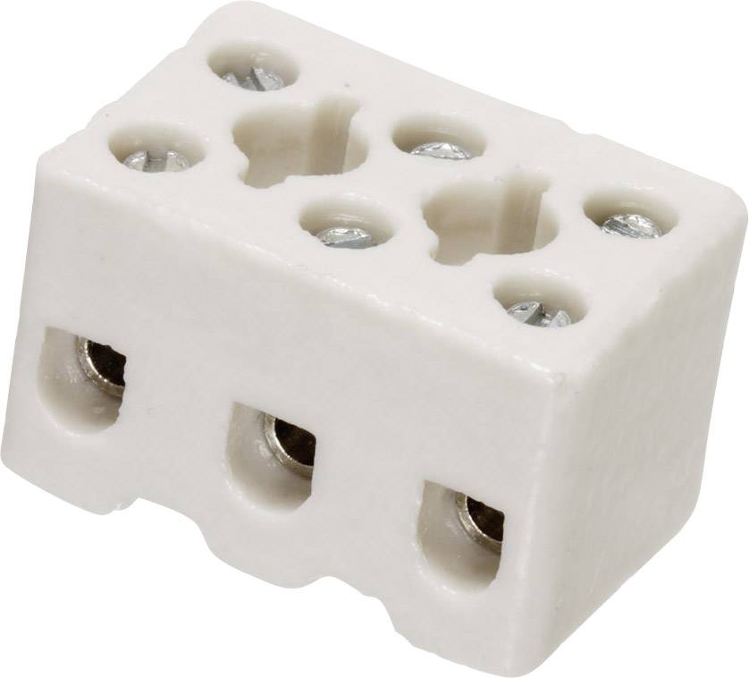 Morsetto in porcellana con tre possibilità di connessione e viti visibili per il collegamento elettrico.