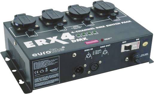 Un pack di commutazione DMX a quattro canali di Eurolite. Dispone di ingressi e uscite per il controllo DMX e diverse prese elettriche.