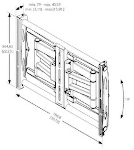 Figura di un supporto a parete con misure e angolazione regolabili. Larghezza 764,8 mm, altezza 564,63 mm, inclinazione 10 gradi.