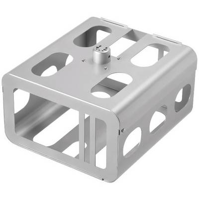 Un telaio rettangolare in metallo argentato con diverse aperture circolari e ovali, dotato di un supporto centrale nella parte superiore.