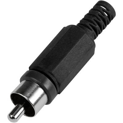 Spina RCA nera con punta argentata e impugnatura in gomma, comunemente utilizzata per dispositivi audio/video.