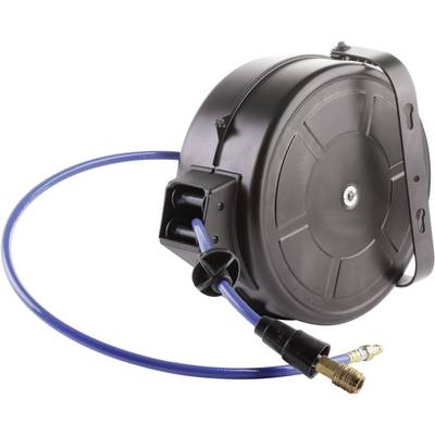 Avvolgitubo automatico nero con tubo blu e raccordo in ottone, adatto per applicazioni di officina.