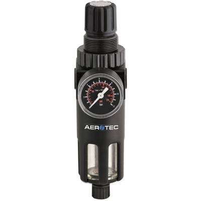 Regolatore di pressione dell'aria con manometro e separatore d'acqua di Aerotec. La scala indica la pressione in bar e psi. Custodia nera.