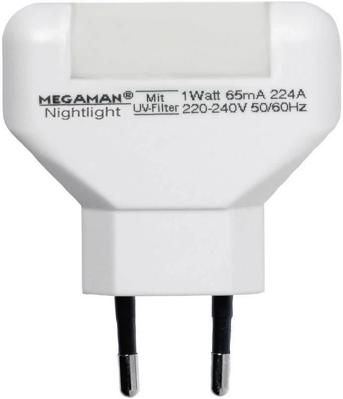 Un lume notturno con la scritta 'Megaman Nightlight' e specifiche tecniche: 1 Watt, 65mA, 220-240V, 50/60Hz.