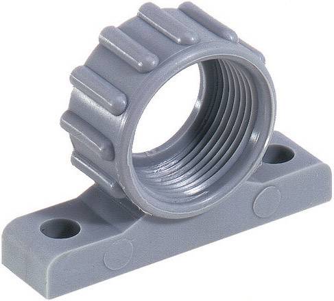Supporto cilindrico grigio in plastica con scanalature e due fori di montaggio alla base, utilizzato per fissare tubi o aste.