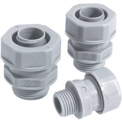 Tre pressacavi grigi in plastica. Hanno un design esagonale ed sono idonei per il fissaggio dei cavi.