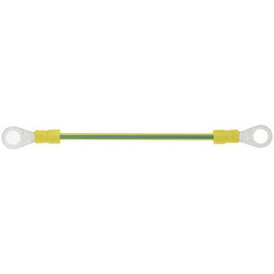 Cavo di messa a terra isolato giallo-verde con capicorda ad anello su entrambe le estremità, comunemente utilizzato per connessioni elettriche e protezione.