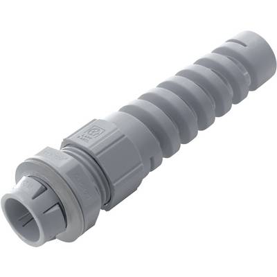 Tubo flessibile grigio per protezione cavi con superficie zigrinata e adattatore di connessione, idoneo per installazioni elettriche.