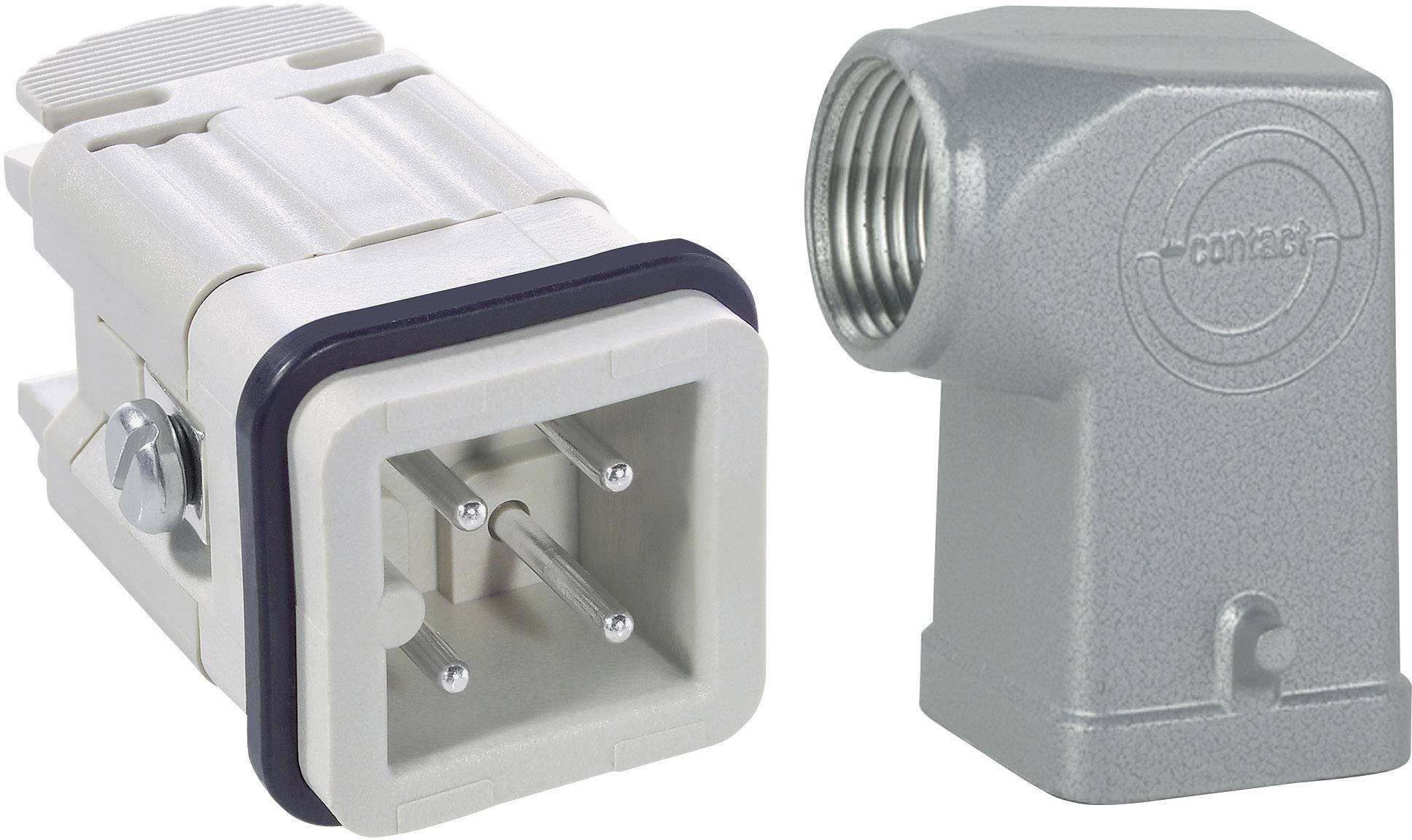 Connettore industriale composto da una spina rettangolare bianca con tre piedini metallici e un alloggiamento angolato grigio.