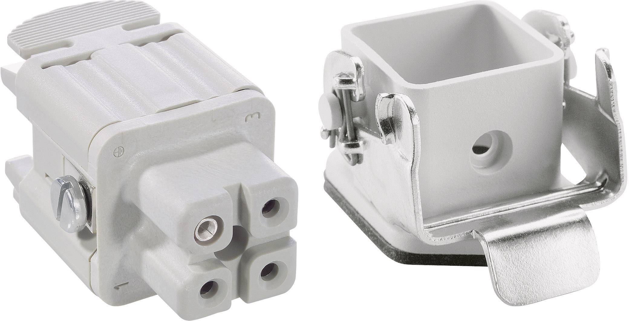Due custodie per connettori rettangolari grigie, una con tre aperture rotonde e un telaio metallico montato, l'altra con telaio metallico aperto.