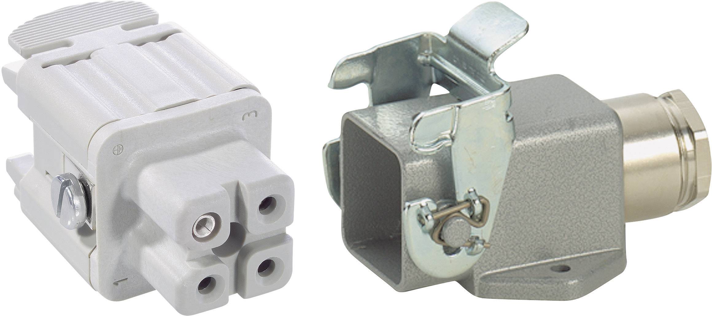 Un connettore elettrico tripolare grigio con morsetto a vite e un involucro metallico grigio con meccanismo di bloccaggio.
