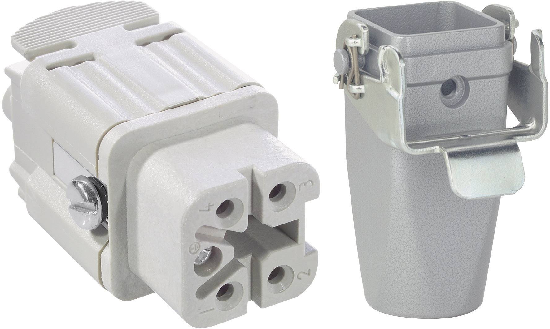 'Connettori e alloggiamenti industriali, materiale plastico grigio, quattro slot, chiusura laterale, design robusto.'