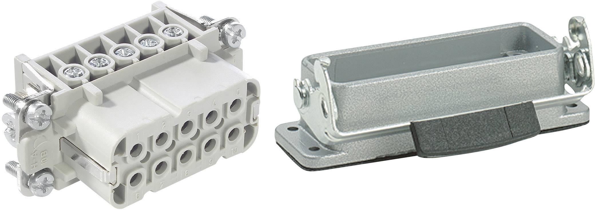 Un connettore elettrico rettangolare con morsetti a vite e un involucro metallico. Adatto per applicazioni industriali.