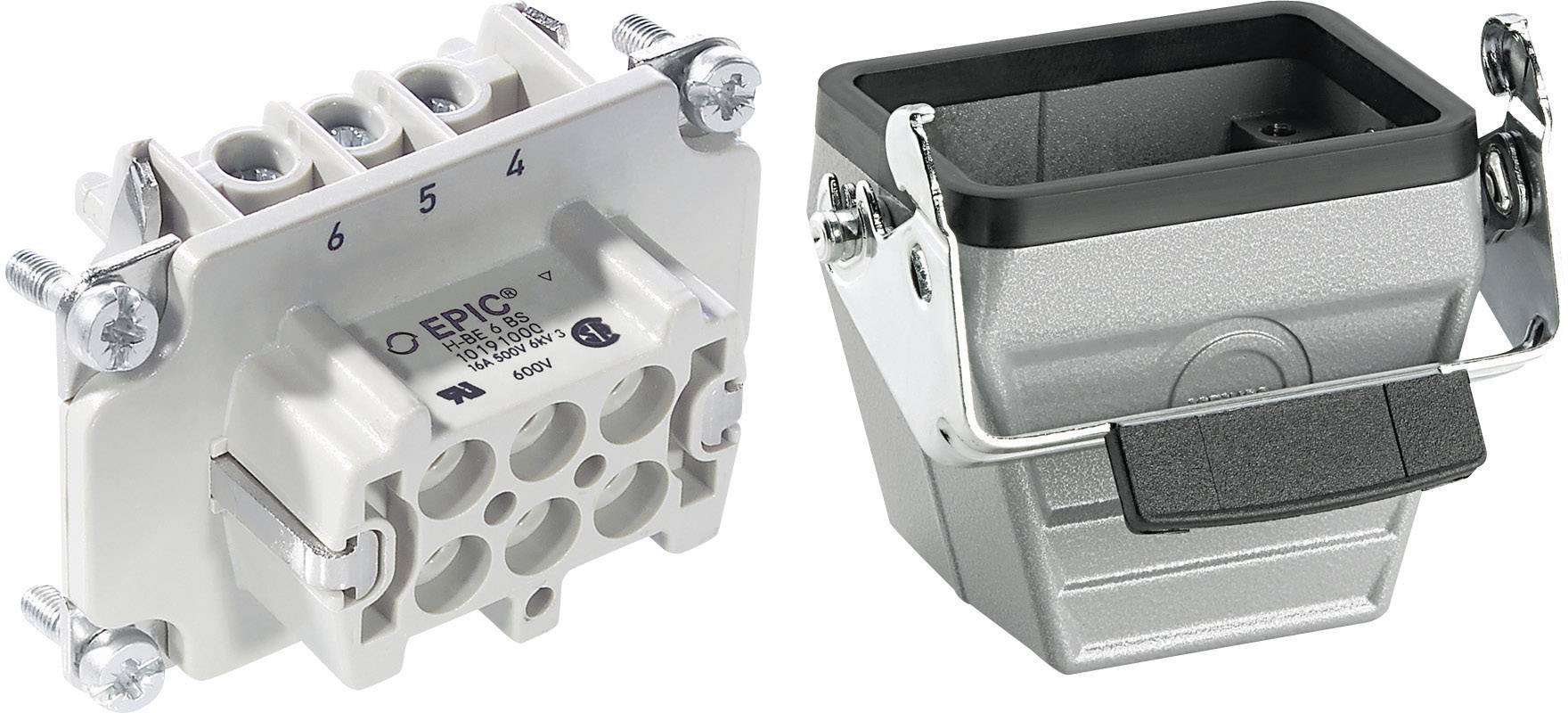 Un connettore industriale rettangolare grigio con custodia in metallo e connessioni a vite, raffigurato su uno sfondo bianco.