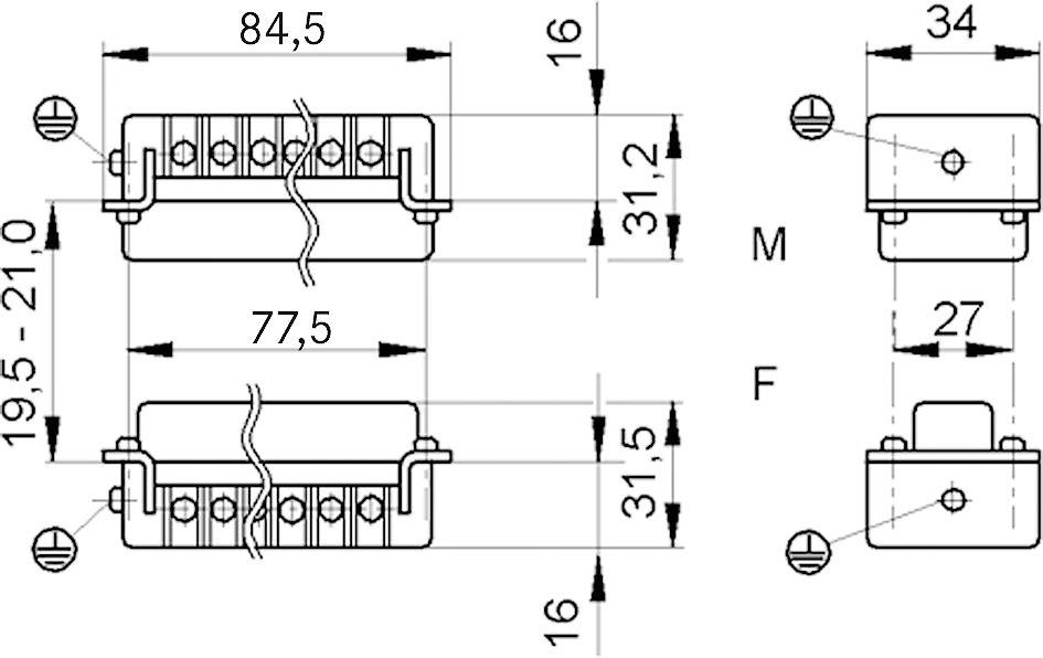 Disegno tecnico di un connettore con misure in millimetri. Dimensioni principali 84,5 x 16 x 34 mm, con rappresentazioni di dettaglio e punti di connessione.