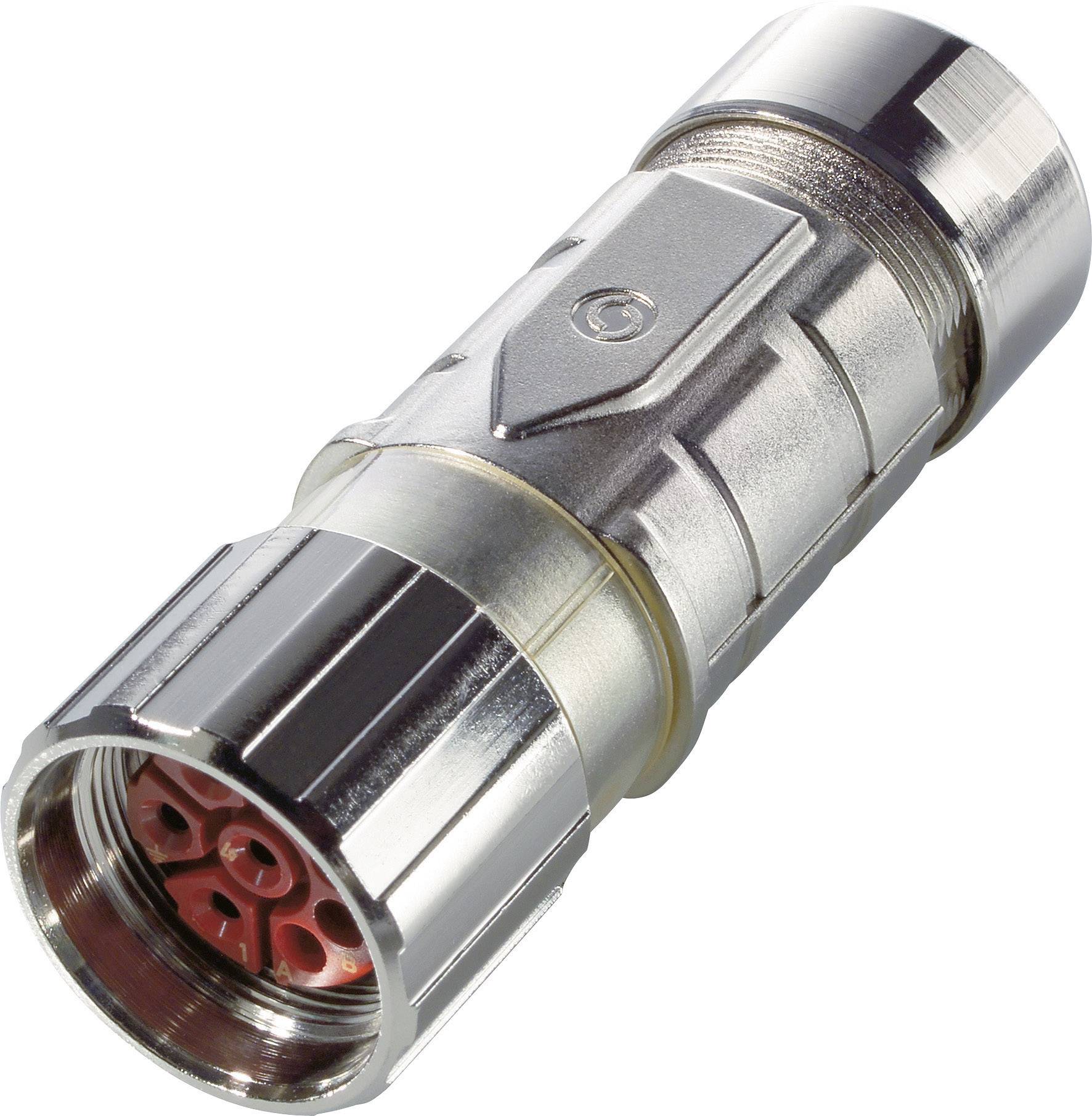 Un adattatore a spina argentato e metallico con interno rosso, idoneo per elementi di connessione in applicazioni tecniche.