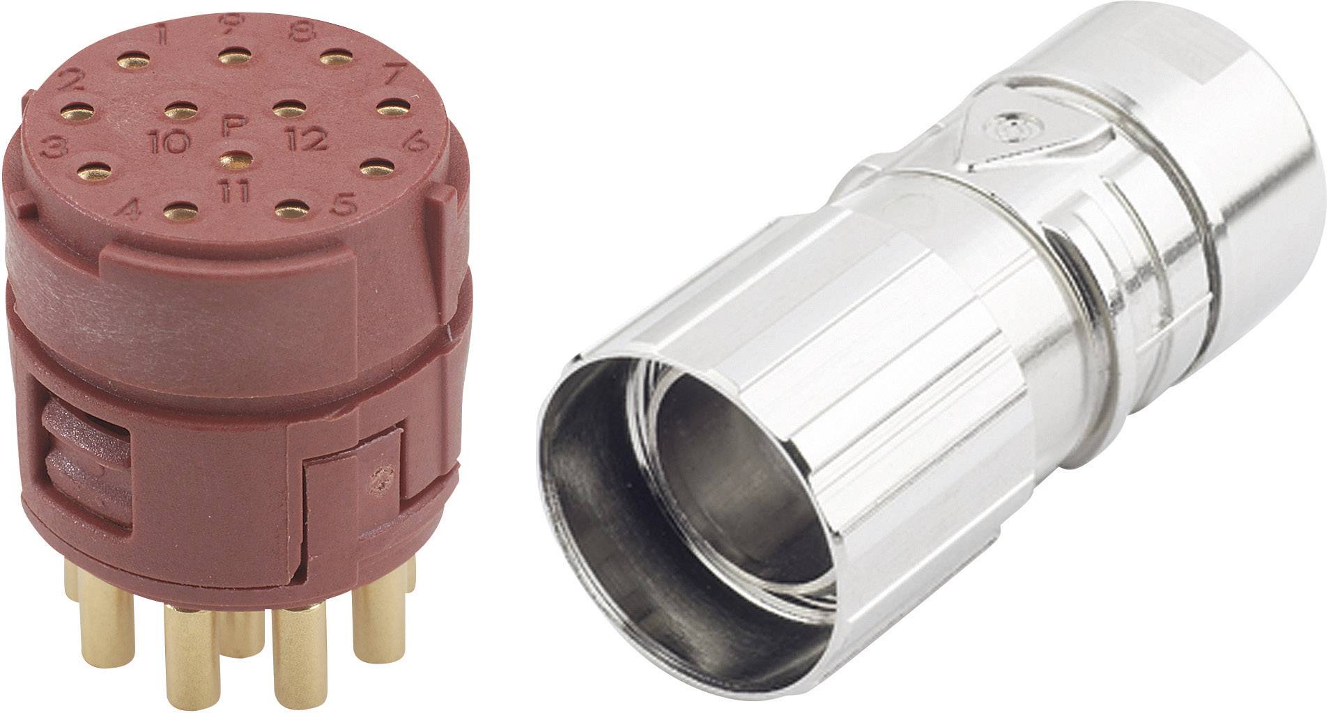 Un connettore elettrico rosso con dodici pin metallici accanto a un alloggiamento per spinotto argentato. Entrambi sono componenti di un adattatore.