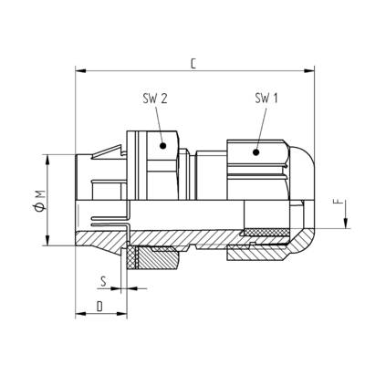 Disegno tecnico di un componente meccanico con etichette per dimensioni, diametri e larghezze delle chiavi. Vista in linea e sezione trasversale.
