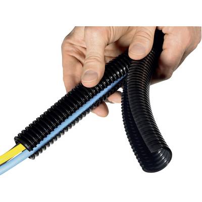 Una mano tiene un tubo di protezione nervato che racchiude cavi blu e gialli, per l'utilizzo in installazioni di protezione dei cavi.