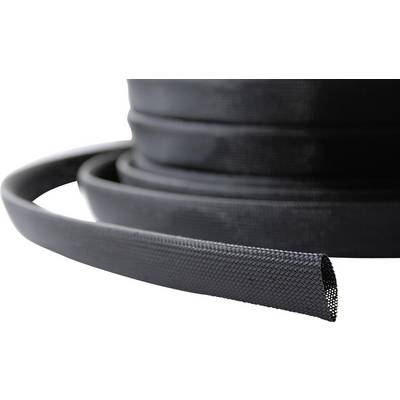 Un involucro nero arrotolato per la protezione dei cavi, realizzato in materiale flessibile intrecciato. Protegge i cavi dall'usura e dai danni.