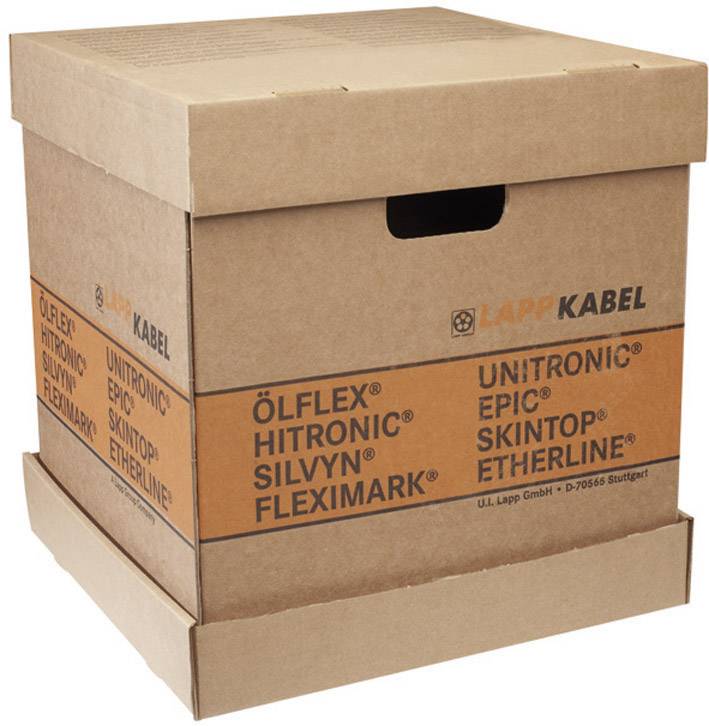 Un cartone marrone con la stampa 'ÖLFLEX', 'HITRONIC', 'SILVYN', 'FLEXIMARK', 'UNITRONIC', 'EPIC', 'SKINTOP', 'ETHERLINE' di Lapp Kabel.